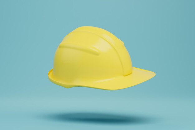 Photo protective plastic construction helmet of yellow color on a turquoise background 3d render