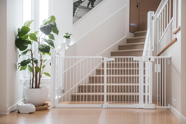 Protective white baby safety stair gate in hallway stairwell modern new house