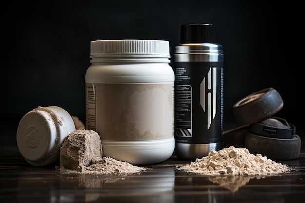Photo protein power pack mockup of a whey protein can dumbbell and shaker