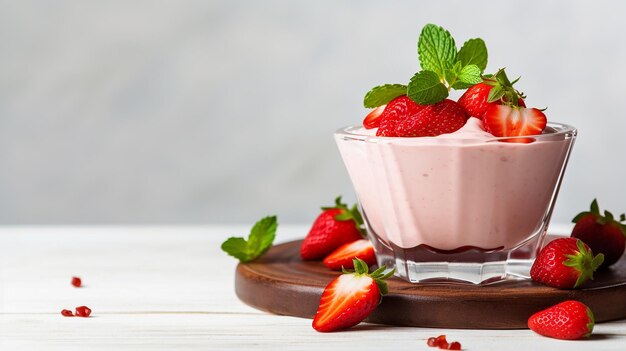 Protein pudding with strawberries in a dish