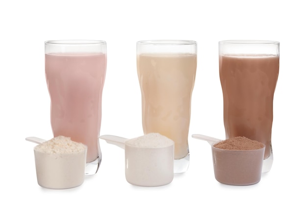 Protein shakes and different types of powder isolated on white
