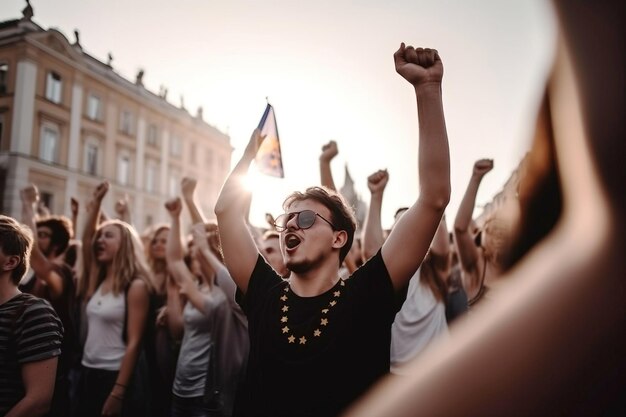 Протестная демонстрация группы людей - символ активизма, демократии, свободы, созданной ИИ.