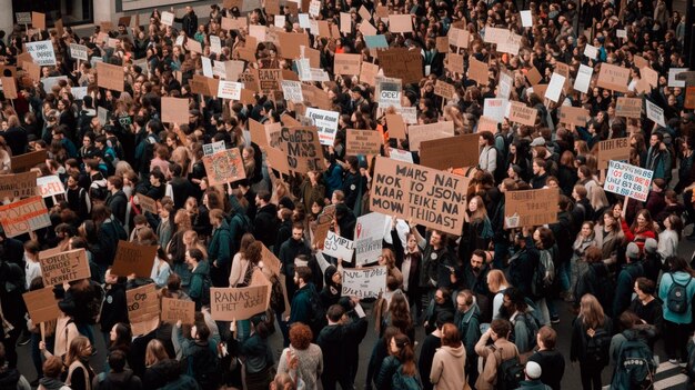 Протестное движение Большая группа людей держит плакаты и протестует в городе Генеративный ИИ