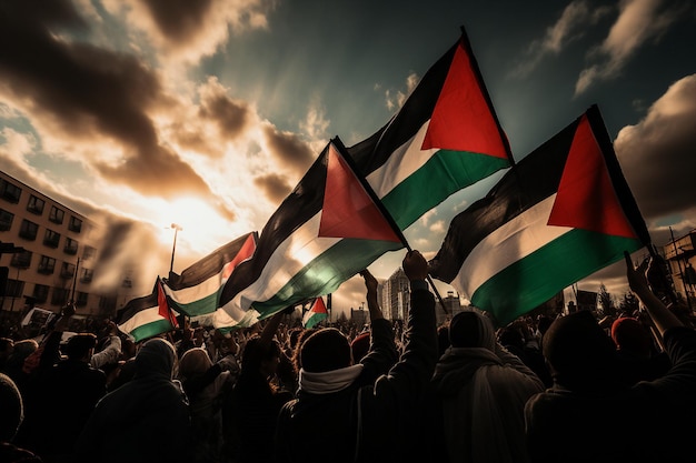 Foto persone che protestano con la bandiera palestinese