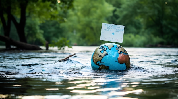 Photo a protest sign floating in floodwaters calling for immediate climate action