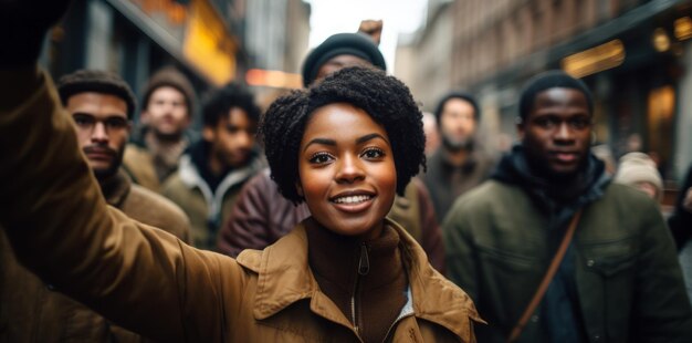 Protest stop hands and black woman with people