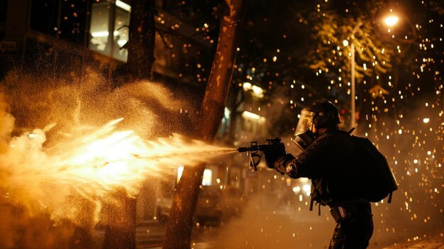 Photo a protester attempts to throw a molotov tail at police but a quickmoving robot with a water cannon