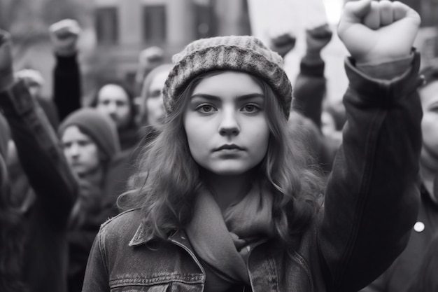 Foto protesterende vrouwen met opgeheven handen op een witte achtergrond vrouwen bijeenkomst