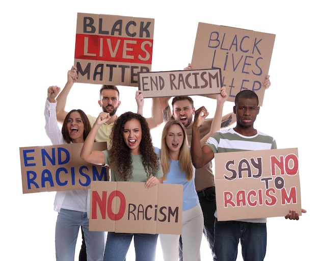 Photo protesters demonstrating different anti racism slogans on white background people holding signs with phrases