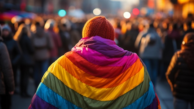 protesters holding Rainbow color Flag