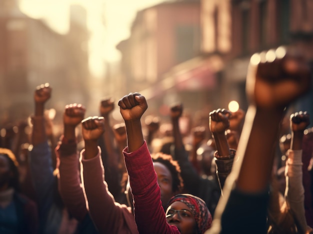 Photo the protesters raise their fists during their demonstration