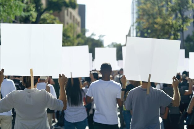 Foto manifestanti con manifesti bianchi
