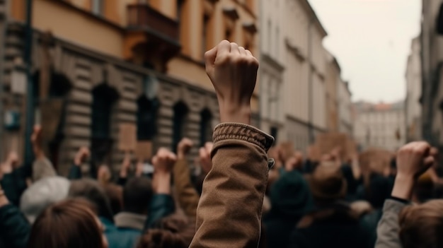 Протестующая толпа людей на городской улице с поднятым кулаком, вид сзади Антивоенный национальный марш протеста против правительства, вид сзади Протестующая толпа рабочих на улице выкрикивает лозунги Генеративный ИИ