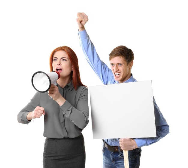 Protesting young people in office clothes on white background