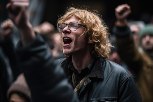 A protestor raising their fist and shouting