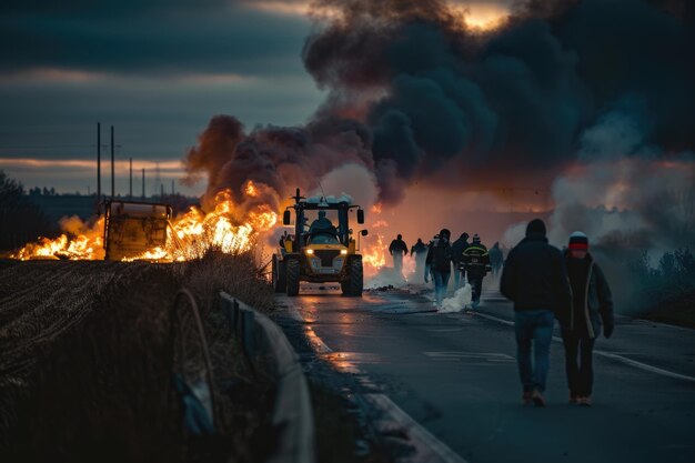 Protestors the French farmers on a blocked highway with burning tyres as a background