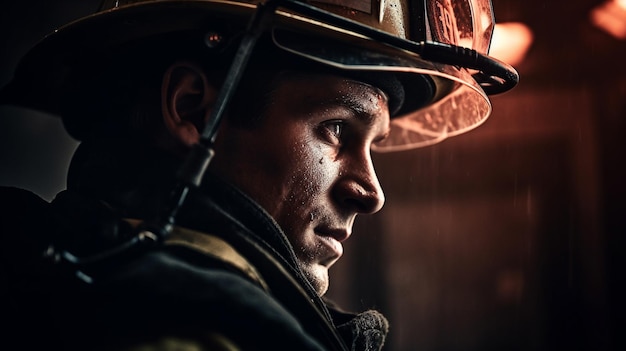 A proud adult fireman stands in full uniform looking straight into the camera