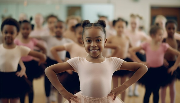 Proud african american little girl on ballet wearing a pink tutu skirt children standing in ballet