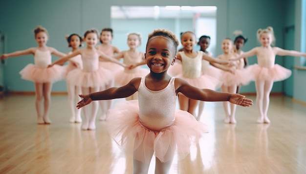 발레에 서 있는 분홍색 투투 치마를 입고 발레에 자랑스러운 아프리카계 미국인 소녀