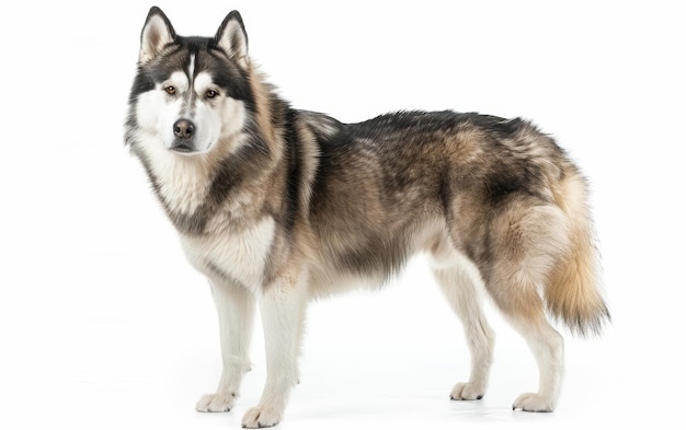 A proud Alaskan Malamute stands with a bold stance its dense coat and alert expression reflecting the breeds resilience and dignity This dog embodies the spirit of the great northern wilderness