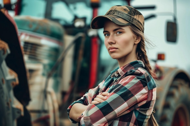 Гордая, привлекательная, уверенная в себе фермерка, стоящая перед сельскохозяйственной машиной.