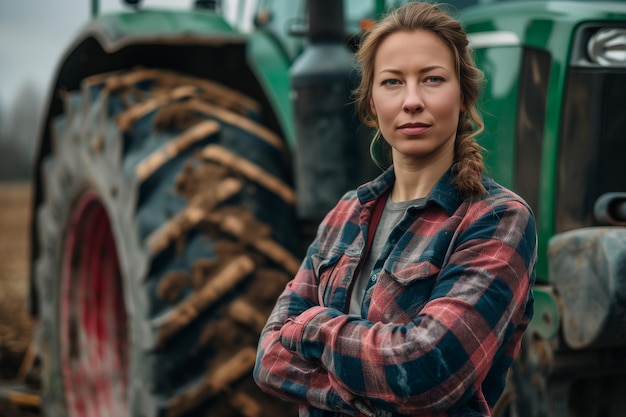Proud attractive confident female farmer standing in front of agricultural machinery