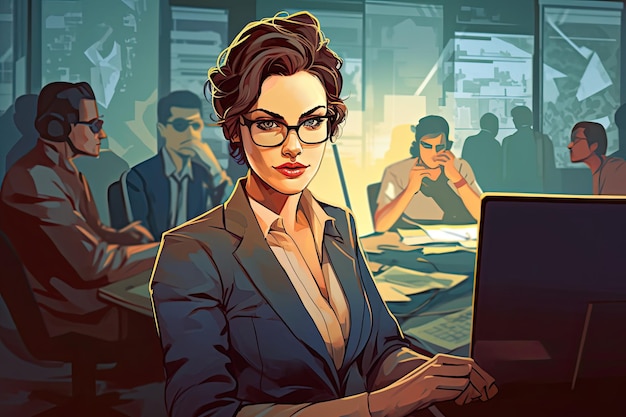 Гордая бизнесменка процветает в офисе Рабочие женщины преуспевают в бизнесе