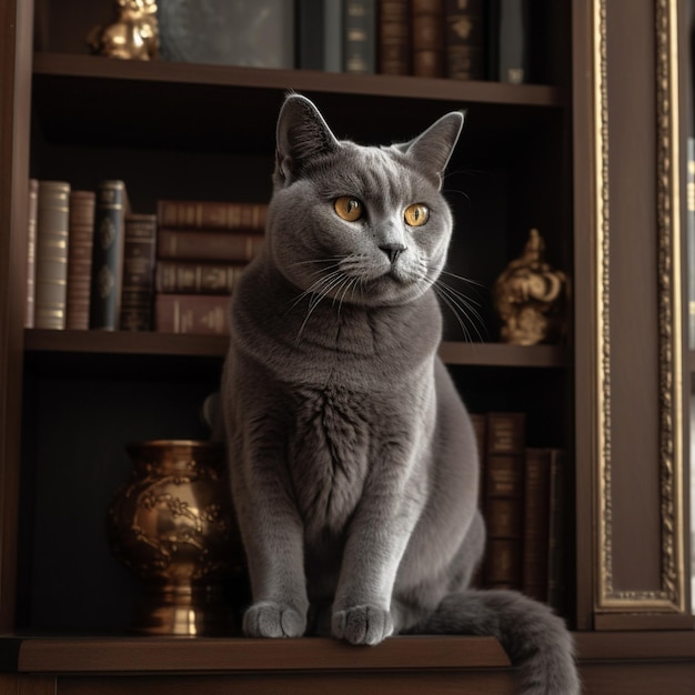 Proud Chartreux Cat on Bookshelf