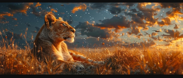 Proud dreaming fantasy lioness in savanna resting looking forward Dramatic dramatic cloudy evening sky along with stars