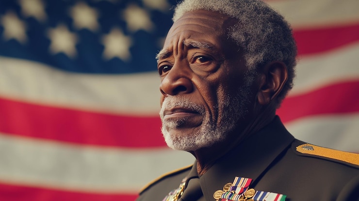 Photo a proud elderly african american man in military uniform medals gleaming on his chest