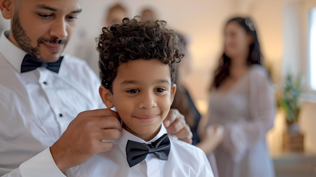 Proud Father Adjusting Sons Bow Tie on a Special Occasion Family Getting Ready Candid Moment Captured Photoshoot Style Lifestyle and Family Portrait AI