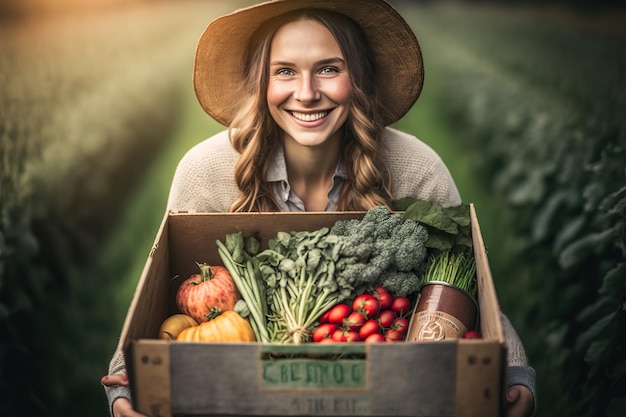 자랑스러운 여성 농부가 AI가 생성한 채소의 유기농 수확을 보여줍니다.