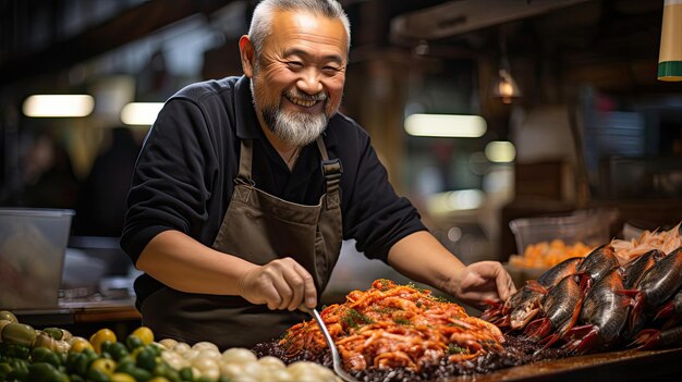 Proud Fishmonger in a Bustling Market