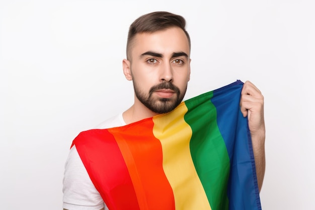 Proud gay man holding a rainbow flag while isolated on white created with generative ai