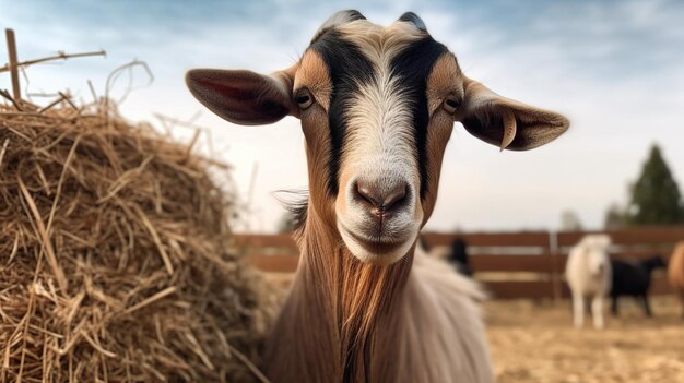 Proud Goat Standing atop a Hay Bale Embracing the Rustic Charm of the Countryside