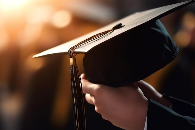 Proud graduate Closeup of success with graduation hat in hand