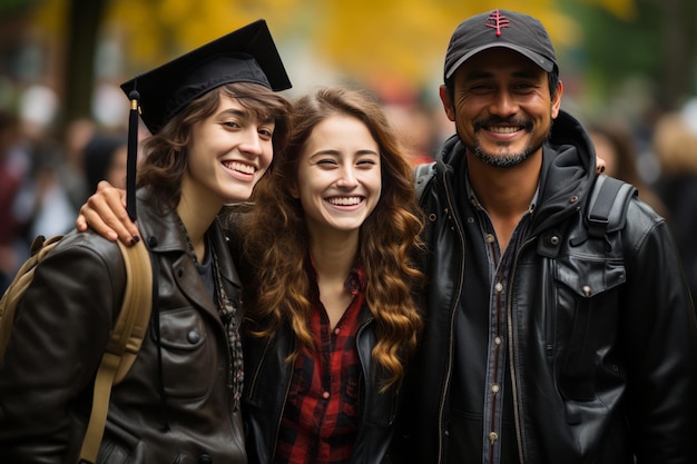 Photo proud graduates students celebrate success with their parents