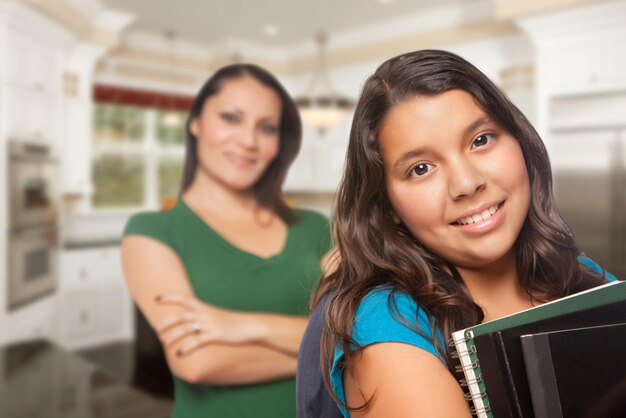 Photo proud hispanic mother and daughter in kitchen at home ready for school