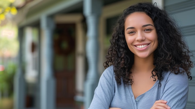 Proud huiseigenaar vrouw voelt zich gelukkig staan voor haar nieuwe huis verhuizen in en onroerend goed concept