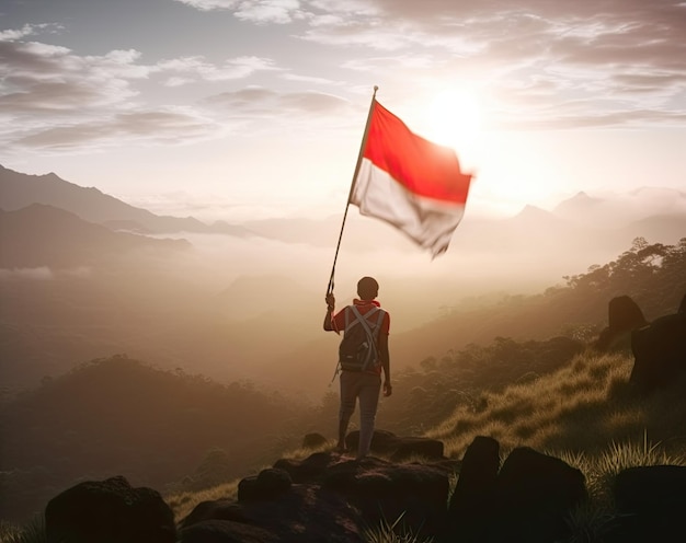 Proud indonesian man on a mountain peak raising red and white indonesia flag