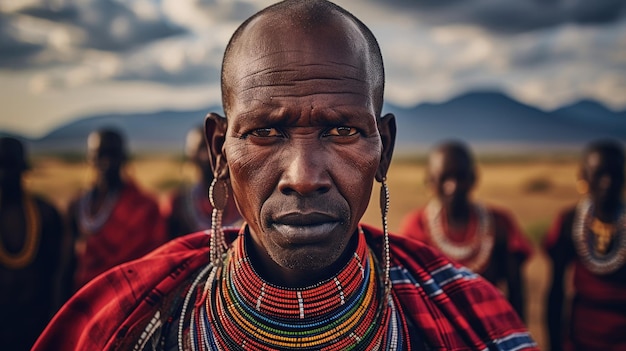 Proud maasai warrior stands on sweeping savannah eyes holding timeless connection