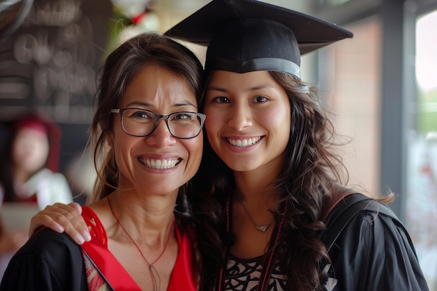사진 자랑스러운 어머니와 그녀의 졸업 딸은 학술 의식 축하 및 성취