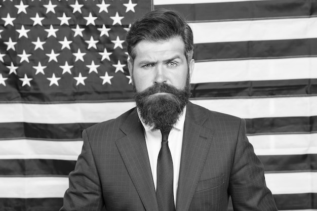 Proud of motherland American news American reform July 4 American citizen usa flag American citizen Happy celebration of victory Bearded hipster man being patriotic for usa National holidays