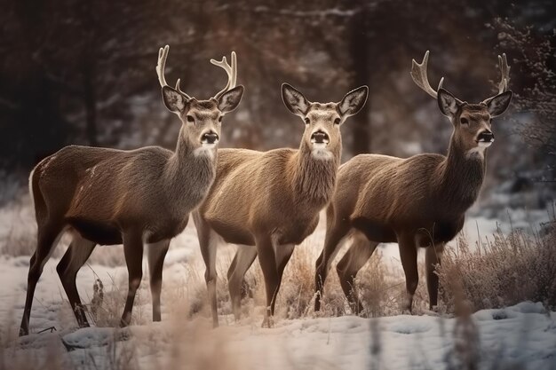 Proud Noble Deer family in winter snow forest