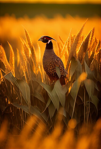 A proud pheasant walks among the ripened wheat in the rays of the setting sun AI Generated