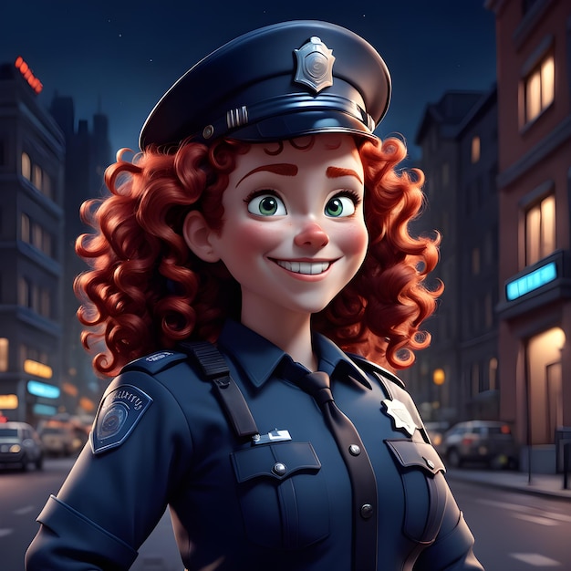 гордая женщина-полицейский с вьющимися рыжими волосами в стиле 3D-мультфильма