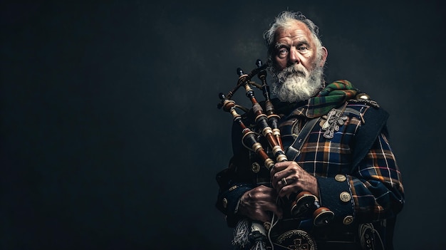 Photo a proud scottish bagpiper in his 50s showcasing his cultural heritage in a full highland dress his expressive face radiates with cultural pride and passion for his tradition