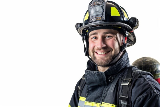 Гордая улыбка пожарного в униформе на белом фоне