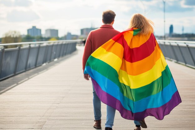 誇りと団結 平等を擁護する喜びのカップル ゲイ・プライドの旗を振る