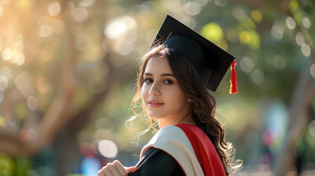 Proud young woman in graduation attire captured in soft natural light celebrating academic achievement and success professional uplifting reflective moment AI